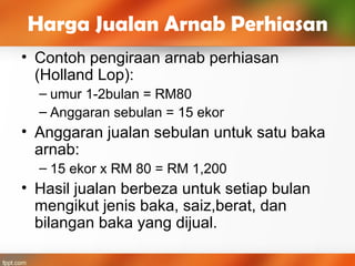 Harga Jualan Arnab Perhiasan
• Contoh pengiraan arnab perhiasan
(Holland Lop):
– umur 1-2bulan = RM80
– Anggaran sebulan = 15 ekor
• Anggaran jualan sebulan untuk satu baka
arnab:
– 15 ekor x RM 80 = RM 1,200
• Hasil jualan berbeza untuk setiap bulan
mengikut jenis baka, saiz,berat, dan
bilangan baka yang dijual.
 