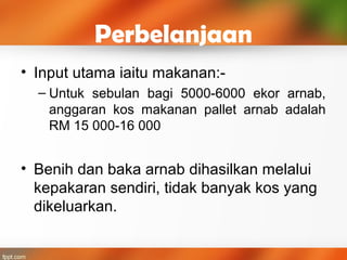 Perbelanjaan
• Input utama iaitu makanan:-
– Untuk sebulan bagi 5000-6000 ekor arnab,
anggaran kos makanan pallet arnab adalah
RM 15 000-16 000
• Benih dan baka arnab dihasilkan melalui
kepakaran sendiri, tidak banyak kos yang
dikeluarkan.
 