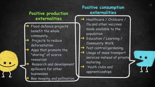 ➜ Flood defence projects
benefit the whole
community.
➜ Projects to reduce
deforestation
➜ Apps that promote the
"sharing" of scarce
resources
➜ Research and development -
spillovers for other
businesses
➜ Bee-keeping and pollination.
➜ Healthcare / Childcare /
flu and other vaccines
made available to the
population.
➜ Education / Learning /
Community Work.
➜ Pest control/gardening.
➜ Usage of mass transport
services instead of private
motoring
➜ Youth clubs and
apprenticeships
12
Positive production
externalities
Positive consumption
externalities
 