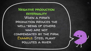 Negative production
externality
When a firm’s
production reduces the
well-being of others
who are not
compensated by the firm.
Example: Steel plant
pollutes a river
15
 