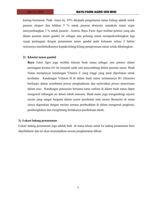 April 21, 2014 BAYU FARM AGRO SDN BHD
7
kuning keemasan. Pada masa ini, 95% daripada pengeluaran nanas kaleng adalah untuk
pasaran eksport dan lebihan 5 % untuk pasaran domestic manakala nanas segar
menyumbangkan 3 % untuk pasaran . Justeru, Bayu Farm Agro melihat potensi yang ada
dalam pasaran nanas gandul ini sebagai satu peluang untuk memperkembangkan lagi
sayap perniagaan dengan penanaman nanas gandul pada keluasan seluas 5 hektar
seterusnya membekalkannya kepada kilang-kilang pemprosesan nanas untuk dikalengkan.
2) Khasiat nanas gandul
Bayu Farm Agro juga melihat khasiat buah nanas sebagai satu potensi dalam
perniagaan kerana ciri ini menjadi salah satu penyumbang dalam pasaran nanas. Buah
Nanas mempunyai kandungan Vitamin C yang tinggi yang amat diperlukan untuk
kesihatan . Kandungan Vitamin B di dalam buah nanas terutamanya B1 (thiamin)
berfungsi dalam membantu proses penghadaman dan melicinkan proses pencernaan
dalam usus . Kandungan potassium bersama-sama sodium di dalam buah nanas dapat
mengawal imbangan air dalam tubuh manusia. Buah nanas juga mengandungi sejenis
enzim yang sangat berguna dalam sector perubatan iaitu enzim Bromelin di mana
iainya digunakan dengan meluas semasa pembedahan di dalam mengawal jangkitan,
pembengkakan dan menghalang berlakunya pembekuan darah.
3) Lokasi ladang penanaman
Lokasi ladang penanaman juga adalah baik di mana laluan untuk ke ladang penanaman baru
diperbaharui dan ini akan memudahkan urusan penghantaran dibuat.
 
