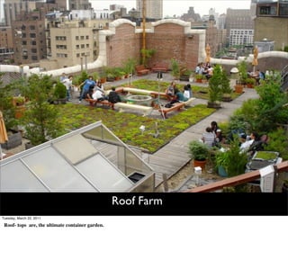 Roof Farm
Tuesday, March 22, 2011

 Roof- tops are, the ultimate container garden.
 