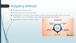 Budgeting Methods:
 Budgeting for starting a farm.
 Budgeting for year to year planning.
 Budgeting for a relatively minor change in practice influencing smaller section of the farm
organisation—such as installing a new machine, expansion of a unit etc.
 Budgeting for a drastic change in system.
 