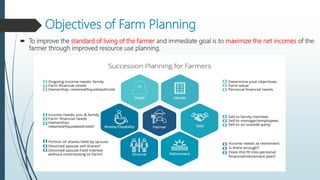 Objectives of Farm Planning
 To improve the standard of living of the farmer and immediate goal is to maximize the net incomes of the
farmer through improved resource use planning.
 