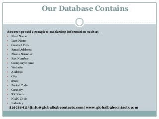 Our Database Contains
Sources provide complete marketing information such as –
 First Name
 Last Name
 Contact Title
 ...