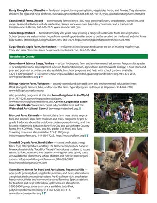 Rusty Plough Farm, Ellenville — family-run organic farm growing fruits, vegetables, herbs, and flowers. They also raise
chickens for eggs and have beehives. Rustyplough@earthlink.net, 845-647-6911, www.localharvest.org/farms/m16194

Saunderskill Farms, Accord — continuously farmed since 1680 now growing flowers, strawberries, pumpkins, and
more. seasonal activities include gardening classes, pick-your-own, hayrides, corn maze, and a tractor pull.
info@saunderskill.com, 845-626-2676, www.saunderskill.com

Stone Ridge Orchard — farmed for nearly 200 years now growing a range of sustainable fruits and vegetables.
school groups are welcome to choose from several opportunities soon to be the detailed on the farm’s website. Anne
diaz-Matos, stoneRidgecsA@gmail.com, 845-266-3979, http://stoneridgeorchard.com/theorchard.htm

Sugar Brook Maple Farm, Kerhonkson — welcomes school groups to discover the art of making maple syrup.
They also raise christmas trees. sugarbrookmaple@aol.com, 845-626-3466

Westchester County

Groundwork Science Barge, Yonkers — urban hydroponic farm and environmental ed. center. Programs for grades
3-12 and professional development focus on food and nutrition, agriculture, and renewable energy; 1-hour tours and
pre- and post-visit activities are also available. in-school programs and help with school gardens available.
$125-$400/group of 10-35; some scholarships available. gwen hill, gwen@groundworkhv.org, 914-375-2151,
www.groundworkhv.org T V

Hilltop Hanover Farm, Yorktown — county-owned and operated farm and environmental education center.
Work alongside farmers, hike, and/or tour the farm. Typical program is 4 hours @ $5/person. 914-962-2368,
www.hilltophanoverfarm.org
Also providing programs at this site: Something Good in the World
(914-217-9249, somethinggooditw@aol.com,
www.somethinggoodintheworld.org), Cornell Cooperative Exten-
sion - Westchester (www.cce.cornell.edu/westchester), and the
Watershed Agricultural Council (www.nycwatershed.org). S

Muscoot Farm, Katonah — historic dairy farm now raising vegeta-
bles and animals; also, farm museum and trails. Programs for pre-K-
grade 8 educate about the outdoors, contemporary farming, and the
historic relationship between new york city and Westchester county
farms. Pre-K-2: Wed., Thurs., and Fri.; grades 3-8, Mon. and Tues.
Traveling trunks are also available. $75-$150/group.
info@muscootfarm.org, 914-864-7282, http://muscootfarm.org S T

Snowhill Organic Farm, North Salem — raises beef cattle, sheep,
bees, fruit, other produce, and hay. The farmers compost and harvest
firewood sustainably. “Food For Thought” introduces students to issues
related to food, nutrition, and organic farming practices. spring tours
are available for elementary school children and not-for-profit organi-
zations. info@snowhillorganicfarm.com, 914-669-0999,
http://snowhillorganicfarm.com

Stone Barns Center for Food and Agriculture, Pocantico Hills —
non-profit growing fruit, vegetables, animals, and bees; also features
a sophisticated composting system. Pre-K- college visits emphasize
hands-on activities and community-based farming. special sessions
for teachers and help with follow-up lessons are also offered.
$200-$400/group; some assistance available. Judy Fink,
judyf@stonebarnscenter.org, 914-366-6200, ext. 113,
www.stonebarnscenter.org S T
                                                           10
 