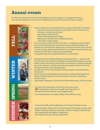 Annual events
  For uRls and contact information not included here, see farm (page 5) or site (page 14) listings.
  Fees may be charged for some events. For additional sites check the directories listed on page 11.



                            •	 harvest celebrations or other fall festivals, usually in september or october.
                                   • Columbia: Hawthorne Valley Farm and Sylvia Center at Katchkie Farm
                                   • Dutchess: Common Ground Farm
                                   • Rensselaer: Goold Orchards
                                   • Ulster: Phillies Bridge Farm Project
FALL




                                   • Westchester: Muscoot Farm, Philipsburg Manor,
                                     stone Barns, science Barge
                            •	 Farm to you Fest and ny harvest for ny Kids — weeklong in-school celebra-
                               tions of local food and farming. The week may be used to integrate local
                               produce into school lunches, design new curricula, visit farms, invite a farmer
                               to school, or learn about farmers’ markets. For examples of past activities and
                               contacts visit nys dept. of Agriculture and Markets,
                               www.agmkt.state.ny.us/ap/prideofny/farm_to_school.html

                            •	 Agricultural literacy Week and national Agriculture Week — volunteers all
                               over new york visit schools to read books with agricultural themes to second
WINTER




                               graders and to share lessons and activities with teachers. Activities organized
                               by county volunteers. details on the educators page, ny Agriculture in the
                               classroom website, www.nyaged.org/aitc/
                            •	 Pancake Brunch and sugaring, March sundays, Teatown lake Reservation,
                               Westchester
                            •	 sap to syrup Pancake Breakfast Festival, March, hudson Valley Maple Farm,
                               Taconic outdoor education center, Fahnestock state Park, cold spring,
                               Putnam county
                            •	 sugar Maple celebration, Fresh Air Farm/sharpe Reservation, Putnam county
SUMMER SPRING




                             •	 Be Aware of ny Agriculture Art contest, also known as the
                                i ny Agriculture contest (pre-K-grade 6), ny Agriculture in
                                education & ny Farm Bureau, www.nyaged.org/aitc
                             •	 local Food Festival, June, indian ladder Farms, Albany county




                             •	 A seat at the Table, July, Poughkeepsie Farm Project, dutchess county
                             •	 Agricultural fairs: goshen historic Track, orange and saratoga counties, July;
                                Altamont (Albany), dutchess, and ulster counties in August; and columbia
                                and schaghticoke (Rensselaer) in september.
                                www.agmkt.state.ny.us/Ad/countyfairs.html




                                                    12
 