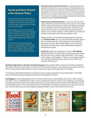 Know Your Farmer, Know Your Food is a well-designed and or-
                                                     ganized website with a range of resources including photos (his-
    Sound and Story Project                          toric and contemporary) and video. developed by the u.s. dept.
                                                     of Agriculture it aims to connect consumers with local producers
    of the Hudson Valley                             and start a conversation about where our food comes from and
                                                     how it gets to our plates. www.usda.gov/wps/portal/usda/knowy
                                                     ourfarmer?navid=KnoWyouRFARMeR
    sound and story (www.soundandstory.
    org) shares tales told by ordinary people
                                                     Letters from an American Farmer, J. hector st. John de crève-
    to help all of us become more aware of
                                                     coeur (sometimes shortened to Jean de crèvecoeur), 1782. several
    our history and connected to each other
                                                     editions, paper and hardcover, are still in print. Wikipedia includes
    and our communities.
                                                     an overview of the author’s life and the book, which touches on
    Most stories are a minute or two long.           slavery and democracy, along with agriculture and many other
    Topics include The Ancient Art of Dowsing,       subjects. it was written at what is now Pine hill Farm in chester, ny
    Elsie and her Blueberries, Pig Saga, Blood       (orange county) where de crèvecoeur settled in 1769.
    Baloney, and Mom and her Closet, which
    explores the wardrobe of a 1940s farm            “Magical dinners: An immigrant Thanksgiving,” by chang-Rae
    woman.                                           lee, The New Yorker, nov. 22, 2010. The noted novelist’s descrip-
                                                     tion of his Korean family’s 1972 celebration in new Rochelle,
    There are also several stories about             Westchester county, offers fuel for high school conversations
    fishermen including What Hudson River            about food and other topics while exhibiting the magazine’s
    Native has red tipped “fingers?”, Carp Fish      exemplary essay style.
    on Ice, A Lost Tradition, Fish Tale, Nasty
    River, and Hudson River Mythic Creature.         Lunch Line, starts out, according to a review in The Atlantic,
                                                     profiling the efforts of one chicago school trying to serve better
                                                     food, but turns into a “political and social history” of the school
                                                     lunch program, which began in 1946 as an anti-hunger initiative.
                                                     2010, uji Films, Michael graziano and ernie Park, dVd $19.95,
                                                     www.lunchlinefilm.com

The Role of Agriculture in the New York State Economy, February 2010, office of the new york state comptroller.
This clearly written four-page report is a great source for discussion questions and writing prompts and has plenty of
statistics for developing math problems. www.osc.state.ny.us/reports/other/agriculture21-2010.pdf

“Two decades of Farmland Protection,” a timeline of scenic hudson’s agricultural conservation efforts, 1992-2008,
www.scenichudson.org/whatwedo/landconservation/workingfarms/timeline

Yes! Magazine consistently publishes articles on food and farming; we especially like their posters, online exhibits,
and videos, such as, “everybody eats” 2009, a poster to download and print or buy ($3 plus shipping), www.yesmaga-
zine.org/issues/food-for-everyone/everybody-eats-how-a-community-food-system-works, and “hidden Roots of the
local Food Movement,” 2010, a fascinating collection of World War ii-era posters used to promote canning, conserva-
tion, and home gardening, www.yesmagazine.org/planet/hidden-roots-of-the-local-food-movement




                                                          19
 