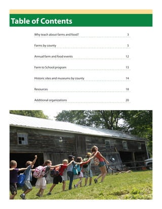 Table of Contents
      Why teach about farms and food?         3


      Farms by county                         5


      Annual farm and food events            12


      Farm to school program                 13


      historic sites and museums by county   14


      Resources                              18


      Additional organizations               20
 