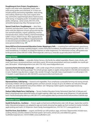 Poughkeepsie Farm Project, Poughkeepsie —
organic and urban with vegetables, herbs, and a
seed-saving garden and seed bank. K-12 visits can
include picking and tasting vegetables, seed-saving,
and cooking. Adult tours may cover organic farm-
ing, community supported agriculture, food security,
seed saving, or engaging youth. $5/student per hour,
adults, $50/group. Jamie levato, 845-475-2734,
Jamie@farmproject.org, http://farmproject.org T

Sprout Creek Farm, Poughkeepsie — dairy farm,
creamery, and education center. Programs are adapt-
ed to meet the objectives of each group and may fea-
ture animal husbandry, organic gardening, environ-
mental education, cheese making, and homesteading.
$280/1.5 hours, $450/4-5 hours. Most appropriate for
elementary grades. georgie Blaeser, myyopin@aol.com
or education@sproutcreekfarm.org, 845-485-8438,
www.sproutcreekfarm.org. S T

Stony Kill Farm Environmental Education Center, Wappingers Falls — a working farm with livestock, greenhouse,
shop, and barn. To arrange a guided program, contact stony Kill Foundation, foundation@stonykill.org, 845-831-1617,
www.stonykill.org. $1/student; no charge for teachers or adult chaperones. For information on free, self-guided visits
to the grounds contact 845-831-8780, skfarm@gw.dec.state.ny.us, www.dec.ny.gov/education/1833.html.

Orange County

Hodgson’s Farm, Walden — originally chicken farmers, the family has added vegetables, flowers, trees, shrubs, and
more. Farm tours, occasional seminars, and other events. 90-minute presentations and tours available one month per
year, $8/student. info@hodgsonfarm.com, 845-778-1432, www.hodgsonfarm.com

Lawrence Farms Orchards, Newburgh — with a wide range of fruits and berries, seasonal vegetables, and evergreen
trees, the farm offers “picking packages” for schools groups: apples or apples and pumpkins in the fall and strawberries
in June. students may also have a wagon ride, wander through a hay bale maze, or participate in a craft project. $10-
11/student. Jlaw614@aol.com, 845-564-6670, www.lawrencefarmsorchards.com

Putnam County

Glynwood Farm, Cold Spring — livestock and vegetables. Tours emphasize sustainable farming and raising animals
humanely. children will see vegetable gardens and farm animals. groups of up to 20 children are welcome; through
8th grade, one adult needed for every three children. $25-100/group. isabel lopatin, ilopatin@glynwood.org,
845-265-3338, www.glynwood.org

Hudson Valley Maple Farm, Cold Spring — Taconic outdoor education center, Fahnestock state Park. in February and
March school groups learn about the history of maple sugaring, collect sap, and make syrup. $8/person; $14 with pancake
lunch. Paul.Kuznia@oprhp.state.ny.us, 845-265-3773, www.nysparks.state.ny.us/environment/naturecenters/3/details.aspx

Rensselaer County

Goold Orchards Inc., Castleton — historic apple orchard and certified kosher cider mill. All ages, september and oc-
tober. educational programs are adapted to age and needs stressing how apples go from orchard to market. includes
apple picking and snack. $5-$9/person. Karen gardy, Karen@goold.com, 518-732-7317, www.goold.com S

Soul Fire Farm, East Grafton — organic and family-run with produce, eggs, and meat. opportunities include tours,
cooking, literacy activities related to the food system, farm work, animal care, and wilderness games.
soulfirefarm@gmail.com, 518-610-0008, www.soulfirefarm.com


                                                           7
 