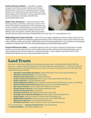 Hurd’s Family Farm, Modena — specializes in apples,
pumpkins, and christmas trees. Visits for pre-k through
grade 6 weave in nys learning standards and may include
hayrides, farm-related games, agricultural history, animals,
picking apples and/or pumpkins, and eco-trails with woods,
ponds, and wetlands. $8/student. 845-883-7825,
www.hurdsfamilyfarm.com

Kelder’s Farm, Kerhonkson — family-owned since 1836
featuring produce, greenhouse, dairy cows, and more. The
educational program, developed by a nys certified teacher,
involves students in picking produce, seasonal mazes, barn-
yard petting zoo, educational mini golf, greenhouse visit,
milking a cow, and hayrides. students take home produce.
schools welcome April thru october. info@kelderfarm.com, 845-626-7137, www.kelderfarm.com

Phillies Bridge Farm Project, New Paltz — historic farm with organic vegetables and fruits, animals, nature trail, and
children’s garden. Programs are adapted to grade and interests, in fall or spring. Topics include science, history, arts and
crafts, and food, cooking, and nutrition. staff will help with school gardens/greenhouses. $7-10/child; some scholarships
available. Amie Baracks, 845-256-9108, amie@philliesbridge.org, www.philliesbridge.org S T V

Prospect Hill Orchards, Milton — sustainably operated, family-run fruit farm. standard school program includes
hayride, seasonal story with hands-on activity, apple and/or pumpkin picking. special themed programs such as
Johnny Appleseed, Cider Pressing, Apple Arts, and Orchard Ecology—may be added. Judy clarke, 845-795-2383,
info@prospecthillorchards.com, www.prospecthillorchards.com




    Land Trusts
    land trusts in the hudson Valley are actively preserving open space, including farmland. Many offer free
    resources — reports, educational programs, and lessons, expertise and connections — that may be useful for
    teaching about farms and food. Find a land trust in your community and ask about their work and what they
    might share with your students.
        •	   Agriculture Stewardship Association, includes Rensselaer county, www.agstewardship.org
        •	   Columbia Land Conservancy, www.clctrust.org
        •	   Dutchess Land Conservancy, www.dutchessland.org
        •	   Esopus Creek Land Conservancy, ulster county, www.esopuscreekconservancy.org
        •	   Greene Land Trust, www.greenelandtrust.org
        •	   Hudson Highlands Land Trust, parts of dutchess, orange, Putnam, & Westchester counties, www.hhlt.org
        •	   Mohawk Hudson Land Conservancy, Albany county, www.mohawkhudson.org
        •	   Open Space Institute, works throughout the Valley, www.osiny.org
        •	   Orange County Land Trust, www.orangecountylandtrust.org
        •	   Putnam County Land Trust, www.pclt.net
        •	   Rensselaer Land Trust, Rensselaer county, www.renstrust.org
        •	   Saratoga Preserving Land and Nature, saratoga region, www.saratogaplan.org
        •	   Scenic Hudson, works throughout the Valley, www.scenichudson.org
        •	   Wallkill Valley Land Trust, southern ulster county, www.wallkillvalleylt.org
        •	   Westchester Land Trust, www.westchesterlandtrust.org
        •	   Winnakee Land Trust, northern dutchess county, www.winnakeeland.org
    For more information — American Farmland Trust, www.farmland.org,
    or Land Trust Alliance, www.landtrustalliance.org



                                                              9
 