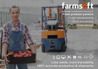 Fresh produce inventory & traceability software for packer, processor, food manufacturer, import export of fresh produce
Page 1
App manages complete business operations for
Fresh produce packers
Food manufacturing
Food processing
Food service
Less waste, more traceability.
100% accurate production & shipments.
 