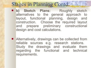 Stages in Planning Contd. b) Sketch Plans:   Roughly sketch alternatives to the general approach to layout, functional planning, design and construction.  Choose the required layout and prepare preliminary constructional design and cost calculations.  Alternatively, drawings can be collected from reliable sources e.g. research stations.  Study the drawings and evaluate them regarding the functional and technical requirements.   