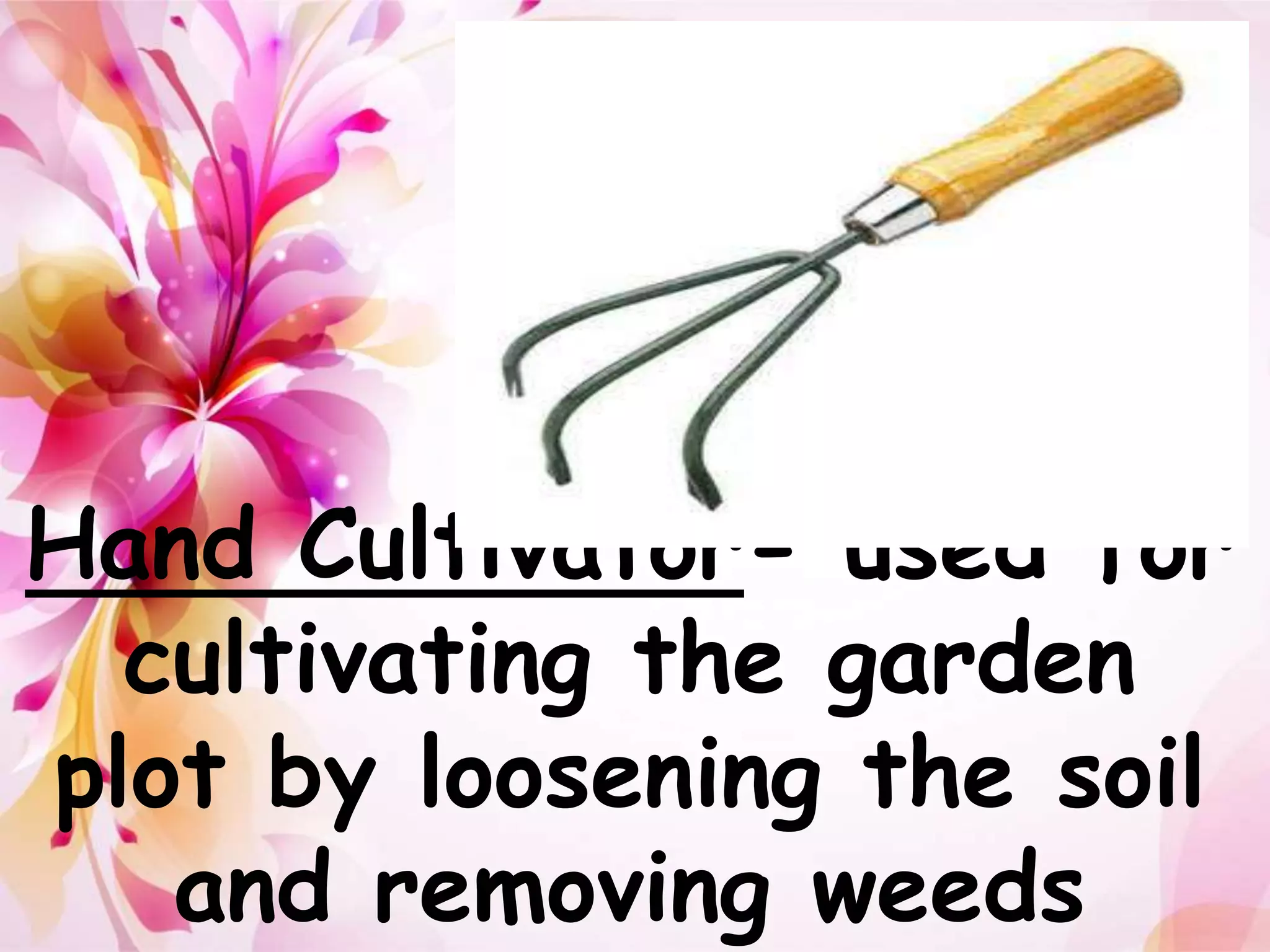 Hand Cultivator- used for 
cultivating the garden 
plot by loosening the soil 
and removing weeds 
 