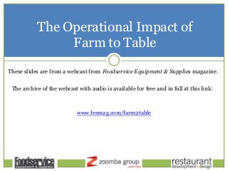 The Operational Impact of
Farm to Table
These slides are from a webcast from Foodservice Equipment & Supplies magazine.
The archive of the webcast with audio is available for free and in full at this link:
www.fesmag.com/farm2table
 