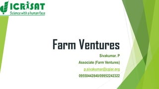 Farm Ventures
                 Sivakumar. P
     Associate (Farm Ventures)
        p.sivakumar@cgiar.org
     09550442840/09952242322
 