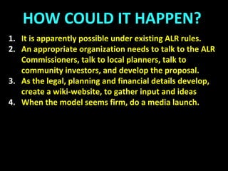 100 Hectare Farm
Anywhere, BC
Farm Village
Cost of land: $100,000?
Shared by 5 families =
$20,000 each
Cost per small starter
self-built house: $150,000
Leased
or
purchased
 