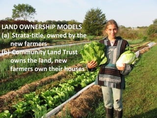 FARM VILLAGES
A Proposal
3: Strata Farm Fees
The strata council (required by covenant) will oversee the
farming operations, with forgivable strata fees for farming.
If the owners choose not to farm, significant strata fees will
be charged and used to pay for others to farm the land.
Strata fees will also be collected to fund common facilities,
green houses, irrigation, cool storage, processing kitchen,
farm worker accommodation, etc.
 