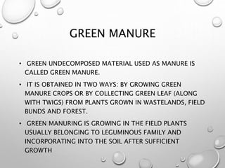 GREEN MANURE
• GREEN UNDECOMPOSED MATERIAL USED AS MANURE IS
CALLED GREEN MANURE.
• IT IS OBTAINED IN TWO WAYS: BY GROWING GREEN
MANURE CROPS OR BY COLLECTING GREEN LEAF (ALONG
WITH TWIGS) FROM PLANTS GROWN IN WASTELANDS, FIELD
BUNDS AND FOREST.
• GREEN MANURING IS GROWING IN THE FIELD PLANTS
USUALLY BELONGING TO LEGUMINOUS FAMILY AND
INCORPORATING INTO THE SOIL AFTER SUFFICIENT
GROWTH
 