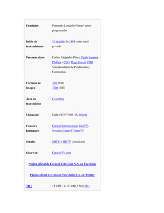 Fundador            Fernando Londoño Henao1 como
                    programador


Inicio de           10 de julio de 1998 como canal
transmisiones       privado


Personas clave      Carlos Alejandro Pérez; Paulo Laserna
                    Phillips - CEO; Dago García COO
                    Vicepresidente de Producción y
                    Contenidos.


Formato de          480i (SD)
imagen              720p (HD)


Área de             Colombia
transmisión


Ubicación           Calle 103 N° 69B-43, Bogotá


Canal/es            Caracol Internacional, GenTV,
hermano/s           Novelas Caracol, VmasTV


Señales             SDTV y HDTV (simulcast)


Sitio web           CaracolTV.com


  Página oficial de Caracol Televisión S.A. en Facebook


   Página oficial de Caracol Televisión S.A. en Twitter


TDT                 14 UHF / (1/2 HD) (3 SD) TDT
 