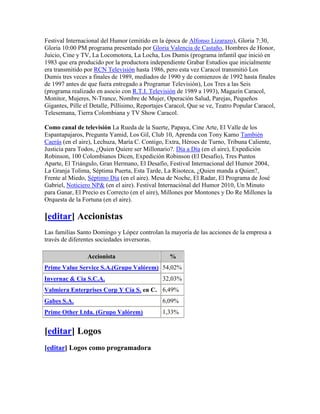 Festival Internacional del Humor (emitido en la época de Alfonso Lizarazo), Gloria 7:30,
Gloria 10:00 PM programa presentado por Gloria Valencia de Castaño, Hombres de Honor,
Juicio, Cine y TV, La Locomotora, La Locha, Los Dumis (programa infantil que inició en
1983 que era producido por la productora independiente Grabar Estudios que inicialmente
era transmitido por RCN Televisión hasta 1986, pero esta vez Caracol transmitió Los
Dumis tres veces a finales de 1989, mediados de 1990 y de comienzos de 1992 hasta finales
de 1997 antes de que fuera entregado a Programar Televisión), Los Tres a las Seis
(programa realizado en asocio con R.T.I. Televisión de 1989 a 1993), Magazín Caracol,
Monitor, Mujeres, N-Trance, Nombre de Mujer, Operación Salud, Parejas, Pequeños
Gigantes, Pille el Detalle, Pillísimo, Reportajes Caracol, Que se ve, Teatro Popular Caracol,
Telesemana, Tierra Colombiana y TV Show Caracol.

Como canal de televisión La Rueda de la Suerte, Papaya, Cine Arte, El Valle de los
Espantapajaros, Pregunta Yamid, Los Gil, Club 10, Aprenda con Tony Kamo También
Caerás (en el aire), Lechuza, María C. Contigo, Extra, Héroes de Turno, Tribuna Caliente,
Justicia para Todos, ¿Quien Quiere ser Millonario?. Día a Día (en el aire), Expedición
Robinson, 100 Colombianos Dicen, Expedición Robinson (El Desafío), Tres Puntos
Aparte, El Triángulo, Gran Hermano, El Desafío, Festival Internacional del Humor 2004,
La Granja Tolima, Séptima Puerta, Esta Tarde, La Risoteca, ¿Quien manda a Quien?,
Frente al Miedo, Séptimo Día (en el aire). Mesa de Noche, El Radar, El Programa de José
Gabriel, Noticiero NP& (en el aire). Festival Internaciónal del Humor 2010, Un Minuto
para Ganar, El Precio es Correcto (en el aire), Millones por Montones y Do Re Millones la
Orquesta de la Fortuna (en el aire).

[editar] Accionistas
Las familias Santo Domingo y López controlan la mayoría de las acciones de la empresa a
través de diferentes sociedades inversoras.

                 Accionista                       %
Prime Value Service S.A.(Grupo Valórem) 54,02%
Invernac & Cía S.C.A.                          32,03%
Valmiera Enterprises Corp Y Cía S. en C. 6,49%
Gabes S.A.                                     6,09%
Prime Other Ltda. (Grupo Valórem)              1,33%


[editar] Logos
[editar] Logos como programadora
 