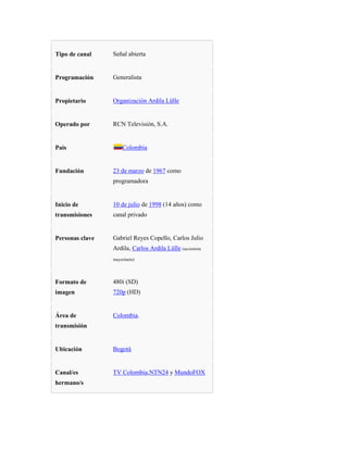 Tipo de canal    Señal abierta


Programación     Generalista


Propietario      Organización Ardila Lülle


Operado por      RCN Televisión, S.A.


País                  Colombia


Fundación        23 de marzo de 1967 como
                 programadora


Inicio de        10 de julio de 1998 (14 años) como
transmisiones    canal privado


Personas clave   Gabriel Reyes Copello, Carlos Julio
                 Ardila, Carlos Ardila Lülle (accionista
                 mayoritario)




Formato de       480i (SD)
imagen           720p (HD)


Área de          Colombia.
transmisión


Ubicación        Bogotá


Canal/es         TV Colombia,NTN24 y MundoFOX
hermano/s
 