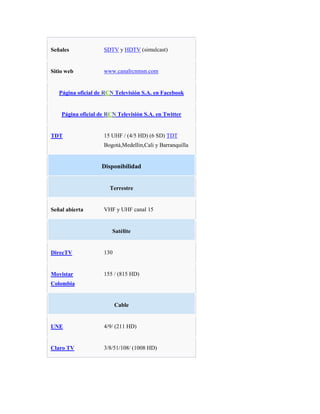 Señales             SDTV y HDTV (simulcast)


Sitio web           www.canalrcnmsn.com


   Página oficial de RCN Televisión S.A. en Facebook


    Página oficial de RCN Televisión S.A. en Twitter


TDT                 15 UHF / (4/5 HD) (6 SD) TDT
                    Bogotá,Medellin,Cali y Barranquilla


                    Disponibilidad


                       Terrestre


Señal abierta       VHF y UHF canal 15


                        Satélite


DirecTV             130


Movistar            155 / (815 HD)
Colombia


                          Cable


UNE                 4/9/ (211 HD)


Claro TV            3/8/51/108/ (1008 HD)
 