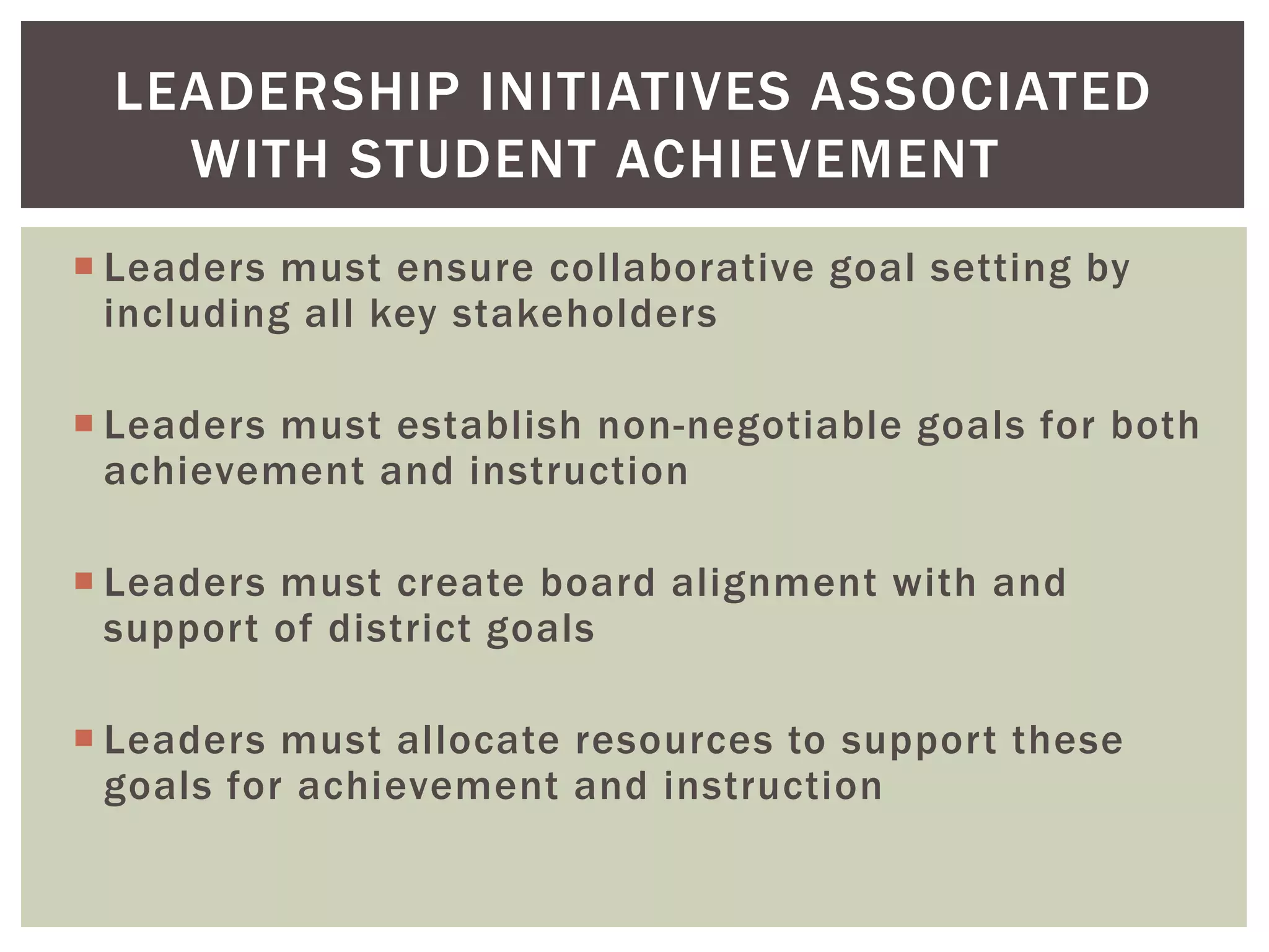 LEADERSHIP INITIATIVES ASSOCIATED 
WITH STUDENT ACHIEVEMENT 
 Leaders must ensure collaborative goal setting by 
including all key stakeholders 
 Leaders must establish non-negotiable goals for both 
achievement and instruction 
 Leaders must create board alignment with and 
suppor t of district goals 
 Leaders must allocate resources to suppor t these 
goals for achievement and instruction 
 