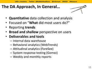 UXD v. Analytics   Twitter: @BobbleHeadGuru   @crfarnum   #WIAD   #Measure


The DA Approach, In General…

 •   Quantitative data collection and analysis
 •   Focused on “What did most users do?”
 •   Reporting trends
 •   Broad and shallow perspective on users
 •   Deliverables and tools
     –   Internal data warehouse
     –   Behavioral analytics (WebTrends)
     –   Attitudinal analytics (ForeSee)
     –   System response testing (Gomez)
     –   Weekly and monthly reports


                                                                                       13
 