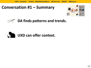 UXD v. Analytics   Twitter: @BobbleHeadGuru   @crfarnum   #WIAD   #Measure


Conversation #1 – Summary

         DA finds patterns and trends.


         UXD can offer context.




                                                                                   18
 