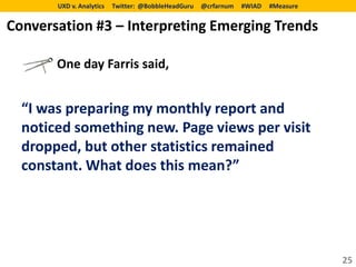 UXD v. Analytics   Twitter: @BobbleHeadGuru   @crfarnum   #WIAD   #Measure


Conversation #3 – Interpreting Emerging Trends

       One day Farris said,


  “I was preparing my monthly report and
  noticed something new. Page views per visit
  dropped, but other statistics remained
  constant. What does this mean?”




                                                                                    25
 
