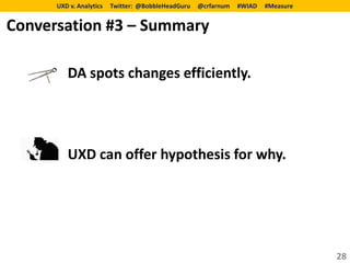 UXD v. Analytics   Twitter: @BobbleHeadGuru   @crfarnum   #WIAD   #Measure


Conversation #3 – Summary

         DA spots changes efficiently.




         UXD can offer hypothesis for why.




                                                                                   28
 