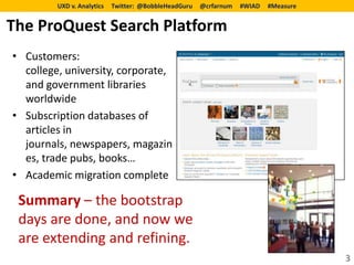 UXD v. Analytics   Twitter: @BobbleHeadGuru   @crfarnum   #WIAD   #Measure


The ProQuest Search Platform
• Customers:
  college, university, corporate,
  and government libraries
  worldwide
• Subscription databases of
  articles in
  journals, newspapers, magazin
  es, trade pubs, books…
• Academic migration complete

 Summary – the bootstrap
 days are done, and now we
 are extending and refining.
                                                                                      3
 