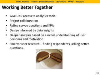 UXD v. Analytics   Twitter: @BobbleHeadGuru   @crfarnum   #WIAD   #Measure


Working Better Together
 • Give UXD access to analytics tools
 • Project collaboration
 • Refine survey questions and KPIs
 • Design informed by data insights
 • Deeper analysis based on a richer understanding of user
   personas and motivation
 • Smarter user research – finding respondents, asking better
   questions.




                                                                                     31
 