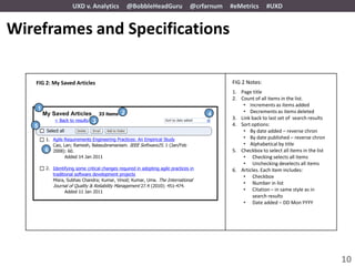 UXD v. Analytics       @BobbleHeadGuru   @crfarnum   #eMetrics      #UXD


Wireframes and Specifications

   FIG 2: My Saved Articles                                           FIG 2 Notes:
                                                                      1. Page title
                                                                      2. Count of all items in the list.
                                                                          • Increments as items added
       1                                                                  • Decrements as items deleted
                                    2                          4
                                                                      3. Link back to last set of search results
                         3
   5                                                                  4. Sort options:
                                                                          • By date added – reverse chron
                                                                          • By date published – reverse chron
                                                                          • Alphabetical by title
           6                                                          5. Checkbox to select all items in the list
                                                                          • Checking selects all items
                                                                          • Unchecking deselects all items
                                                                      6. Articles. Each item includes:
                                                                          • Checkbox
                                                                          • Number in list
                                                                          • Citation – in same style as in
                                                                               search results
                                                                          • Date added – DD Mon YYYY




                                                                                                                    10
 