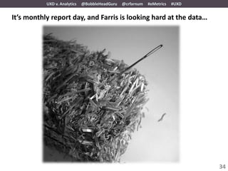 UXD v. Analytics   @BobbleHeadGuru   @crfarnum   #eMetrics   #UXD


It’s monthly report day, and Farris is looking hard at the data…




                                                                               34
 