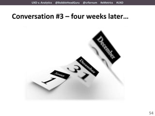 UXD v. Analytics   @BobbleHeadGuru   @crfarnum   #eMetrics   #UXD




Conversation #3 – four weeks later…




                                                                         54
 