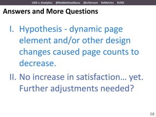 UXD v. Analytics   @BobbleHeadGuru   @crfarnum   #eMetrics   #UXD


Answers and More Questions

 I. Hypothesis - dynamic page
     element and/or other design
     changes caused page counts to
     decrease.
 II. No increase in satisfaction… yet.
     Further adjustments needed?

                                                                           58
 