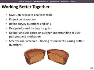 UXD v. Analytics   @BobbleHeadGuru   @crfarnum   #eMetrics   #UXD


Working Better Together
 • Give UXD access to analytics tools
 • Project collaboration
 • Refine survey questions and KPIs
 • Design informed by data insights
 • Deeper analysis based on a richer understanding of user
   personas and motivation
 • Smarter user research – finding respondents, asking better
   questions.




                                                                               63
 