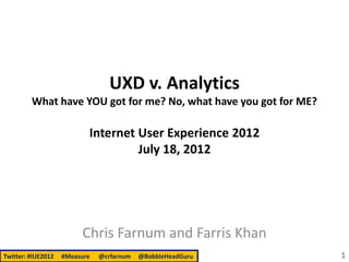 UXD v. Analytics
         What have YOU got for me? No, what have you got for ME?

                             Internet User Experience 2012
                                      July 18, 2012




                         Chris Farnum and Farris Khan
Twitter: #IUE12   #Measure   @crfarnum   @BobbleHeadGuru           1
 