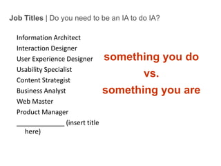 Job Titles | Do you need to be an IA to do IA?Information ArchitectInteraction DesignerUser Experience DesignerUsability SpecialistContent StrategistBusiness AnalystWeb MasterProduct Manager_____________ (insert title here)something you dovs.something you areIntro to IA - 12