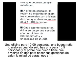 Una oficina para 10.00 personas, una buena ratio; lo malo es cuando sólo hay una para 10.5 personas y el pobre que queda tiene que dividirse en dos para hacer sus gestiones (le salen la mitad de caras, eso sí)… 