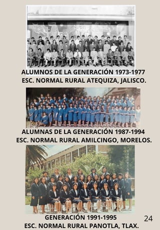 24
ALUMNOS DE LA GENERACIÓN 1973-1977
ESC. NORMAL RURAL ATEQUIZA, JALISCO.
ALUMNAS DE LA GENERACIÓN 1987-1994
ESC. NORMAL RURAL AMILCINGO, MORELOS.
GENERACIÓN 1991-1995
ESC. NORMAL RURAL PANOTLA, TLAX.
 