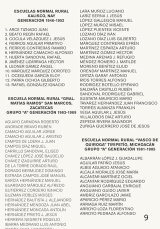 9
ESCUELAS NORMAL RURAL
XALISCO, NAY
GENERACION 1946-1952
1. ARCE TIZNADO JUAN
2. BEATO REGÍN RAFAEL
3. COCULA VELÁZQUEZ J. JESÚS
4. FIERROS AGUILAR PRIMITIVO
5. FIERROS CONTRERAS RAMIRO
6. HERNÁNDEZ CAMACHO ALFONSO
7. HUERTA SANDOVAL RAFAEL
8. JIMÉNEZ LIZÁRRAGA HÉCTOR
9. LEONER GÁMEZ ÁNGEL
10. MÁRQUEZ MÁRQUEZ DOROTEO
11. OCEGUEDA GARCÍA ELOY
12. PARRA OCHOA GILBERTO
13. RAFAEL GONZÁLEZ IGNACIO
ESCUELA NORMAL RURAL “GRAL.
MATÍAS RAMOS” SAN MARCOS,
ZACATECAS
GRUPO “A” GENERACIÓN 1963-1969
AGUAYO CARMONA ROBERTO
ANDRADE BRAVO RUBÉN
CAMACHO AGUILAR JORGE
CAMACHO AGUILAR J. ARISTEO
CAMPOS DE LOERA J. JUAN
CAMPOS DÍAZ MIGUEL
CARRILLO SANDOVAL ELISEO
CHÁVEZ LÓPEZ JOSÉ BAUDELIO
CHÁVEZ IZAGUIRRE ARTURO
DE LA TORRE DORADO RAÚL
DORADO BERMUDEZ DOMINGO
ESTRADA CAMPOS JOSÉ MANUEL
GARCÍA HERNÁNDEZ MANUEL
GUARDADO MÁRQUEZ ALFREDO
GUTIÉRREZ CORDERO IGNACIO
GUZMÁN ROBLES MOISES
HERNÁDEZ BAUTISTA J. ALEJANDRO
HERNÁNDEZ MENDOZA JUAN ABEL
HERNÁNDEZ MONCADA ANTOLÍN
HERNÁDEZ PRIETO J. JESÚS
HERRERA NEGRETE ROGELIO
IBARRA MEDRANO LUIS ANTONIO
LARA MUÑOZ LUCIANO
LARIZ SERNA J. JESÚS
LÓPEZ GALLEGOS MANUEL
LÓPEZ MUÑOZ MISAEL
LÓPEZ PUENTES VICENTE
LOZANO DÍAZ IVÁN
LOZANO DÍAZ LUIS GILBERTO
MÁRQUEZ CONTRERAS EFRÉN
MARTÍNEZ ESPARZA ARTURO
MARTÍNEZ GÓMEZ HÉCTOR
MEDINA ARENAS J. REFUGIO
MÉNDEZ ROMERO J. MATILDE
MORENO BENÍTEZ ELIUD
ORENDAY MARTÍNEZ MANUEL
ORTIZA GARAY ANTONIO
RÍOS TORRES ALFONSO
RODRÍGEZ BOTELLO EPIFANIO
SALDAÑA CASTILLO RUBÉN
SANDOVAL RODRÍGUEZ GABRIEL
SUSTAITA MAURICIO MARIO
TÁVAREZ HERNÁNDEZ JUAN FRANCISCO
TORRES ALMANZA FRANKLIN
VEGA AGUILAR J, JESÚS
VILLALOBOS DÍAZ ARTURO
ZEPEDA RIVERA SALVADOR
ZUÑIGA GUERRERO JOSÉ DE JESÚS
ESCUELA NORMAL RURAL “VASCO DE
QUIROGA” TIRIPETÍO, MICHOACÁN
GRUPO “A” GENERACIÓN 1981-1985
ALBARRÁN LÓPEZ J. GUADALUPE
AGUILAR PATIÑO JESÚS
ALBIS AGUADO ATANACIO
ALCALÁ MORALES JOSÉ MARÍA
ALCÁNTAR MARTÍNEZ OCIEL
ALCÁNTAR RODRÍGUEZ EDUARDO
ANGUIANO CARBAJAL ENRIQUE
ANGUIANO GUIDO JAVIER
AMBRIZ GARCILAZO JAIME
APARICIO PÉREZ MARIO
ARRIAGA RUIZ MARTÍN
ARROYO LOZA FLORENTINO
ARROYO PEDRAZA ALFONSO
 