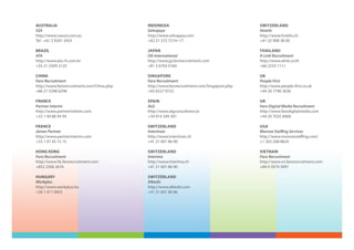AUSTRALIA                                  INDONESIA                                      SWITZERLAND
SSA                                        Selnajaya                                      Hotelis
http://www.ssaust.com.au                   http://www.selnajaya.com                       http://www.hotelis.ch
Tel : +61 2 9241 2455                      +62 21 572 7214~17                             +41 22 908 38 00

BRAZIL                                     JAPAN                                          THAILAND
ATA                                        OG International                               A-Link Recruitment
http://www.ata-rh.com.br                   http://www.jp.farorecruitment.com              http://www.alink.co.th
+55 21 2509 3125                           +81 3 6703 0160                                +66 2233 1111

CHINA                                      SINGAPORE                                      UK
Faro Recruitment                           Faro Recruitment                               People First
http://www.farorecruitment.com/China.php   http://www.farorecruitment.com/Singapore.php   http://www.people-first.co.uk
+86 21 5298 6298                           +65 6337 9733                                  +44 20 7796 3636

FRANCE                                     SPAIN                                          UK
Partner Interim                            ALG                                            Faro Digital Media Recruitment
http://www.partnerinterim.com              http://www.algconsultores.es                   http://www.farodigitalmedia.com
+33 1 40 88 94 94                          +34 914 349 391                                +44 20 7025 8068

FRANCE                                     SWITZERLAND                                    USA
James Partner                              Interiman                                      Monroe Staffing Services
http://www.partnerinterim.com              http://www.interiman.ch                        http://www.monroestaffing.com/
+33 1 47 45 15 15                          +41 21 601 86 90                               +1 203 268 8624

HONG KONG                                  SWITZERLAND                                    VIETNAM
Faro Recruitment                           Interima                                       Faro Recruitment
http://www.hk.farorecruitment.com          http://www.interima.ch                         http://www.vn.farorecruitment.com
+852 2506 2676                             +41 21 601 86 90                               +84 4 3974 3091

HUNGARY                                    SWITZERLAND
Workplus                                   Albedis
http://www.workplus.hu                     http://www.albedis.com
+36 1 411 0055                             +41 21 601 86 86
 