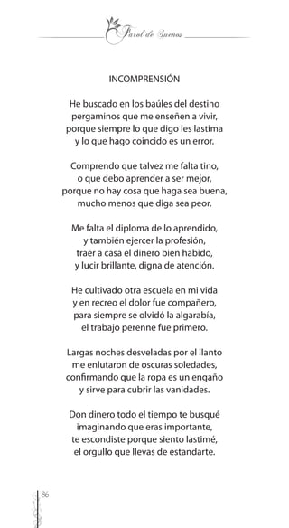 86
INCOMPRENSIÓN
He buscado en los baúles del destino
pergaminos que me enseñen a vivir,
porque siempre lo que digo les lastima
y lo que hago coincido es un error.
Comprendo que talvez me falta tino,
o que debo aprender a ser mejor,
porque no hay cosa que haga sea buena,
mucho menos que diga sea peor.
Me falta el diploma de lo aprendido,
y también ejercer la profesión,
traer a casa el dinero bien habido,
y lucir brillante, digna de atención.
He cultivado otra escuela en mi vida
y en recreo el dolor fue compañero,
para siempre se olvidó la algarabía,
el trabajo perenne fue primero.
Largas noches desveladas por el llanto
me enlutaron de oscuras soledades,
confirmando que la ropa es un engaño
y sirve para cubrir las vanidades.
Don dinero todo el tiempo te busqué
imaginando que eras importante,
te escondiste porque siento lastimé,
el orgullo que llevas de estandarte.
 
