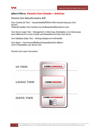 SNC                                                                                              SIAM NETWORK & COMPUTER CO.,LTD


คู่มือการใช้งาน Faronics Core Console + Antivirus

Faronics Core มีส่วนประกอบด้วย ดังนี้
Core Console (UI Tier) -- อินเตอร์เฟซผู้ใช้ที่ใช้ในการจัดการและตรวจสอบและ Core
Servers
เวิร์คสเตชั่ เช่นเดียว Core Console สามารถเชื่อมต่อกับเซิร์ฟเวอร์หลาย Core

Core Server (Logic Tier) – Management การจัดการของ Workstation งานการประมวลผล
และการสื่อสารระหว่าง Core Console และเวิร์คสเตชั่จะกระทาโดย Core Server

Core Database (Data Tier) – จัดเก็บฐานข้อมูลรายการเวิร์กสเตชัน

Core Agent -- Core ตัวแทนที่ติดตั้งบนเวิร์กสเตชันช่วยให้การสื่อสาร
ระหว่าง Workstation และ Server Core


Faronics Core Layer ประกอบด้วย




      1   เอกสารฉบับนี้จัดทาเพื่อแนะนาแนวทางในการแก้ไขปัญหาเบื้องต้นโดยทางบริษัท สยามเน็ทเวอร์ แอนด์ คอมพิวเตอร์ ขอสงวนในการใช้อ้างอิงในด้านกฎหมายทุกกรณี
 