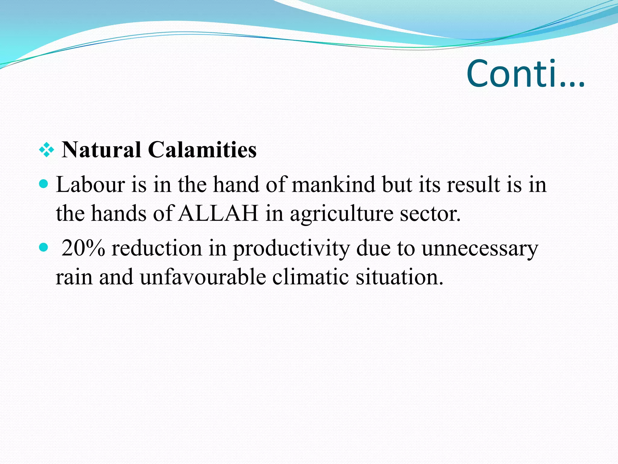 Conti…
 Natural Calamities
 Labour is in the hand of mankind but its result is in
the hands of ALLAH in agriculture sector.
 20% reduction in productivity due to unnecessary
rain and unfavourable climatic situation.
 