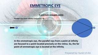 Prepared by: Qurat-Ul-Ain
A B
A and B are conjugate points
Parallel rays from infinity (vergence = 0)
In the emmetropic eye, the parallel rays from a point at infinity
are focused to a point located precisely on the retina. So, the far
point of emmetropic eye is located at the infinity.
EMMETROPIC EYE
 