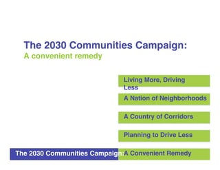 The 2030 Communities Campaign:
  A convenient remedy


                              Living More, Driving
                              Less
                                                       1
                              A Nation of Neighborhoods

                                                       11
                              A Country of Corridors

                              Planning to Drive Less

The 2030 Communities Campaign:A Convenient Remedy